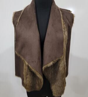 G by Giuliana Rancic Small Brown Faux Fur Suede Open Vest Reversible Boho Rugged
